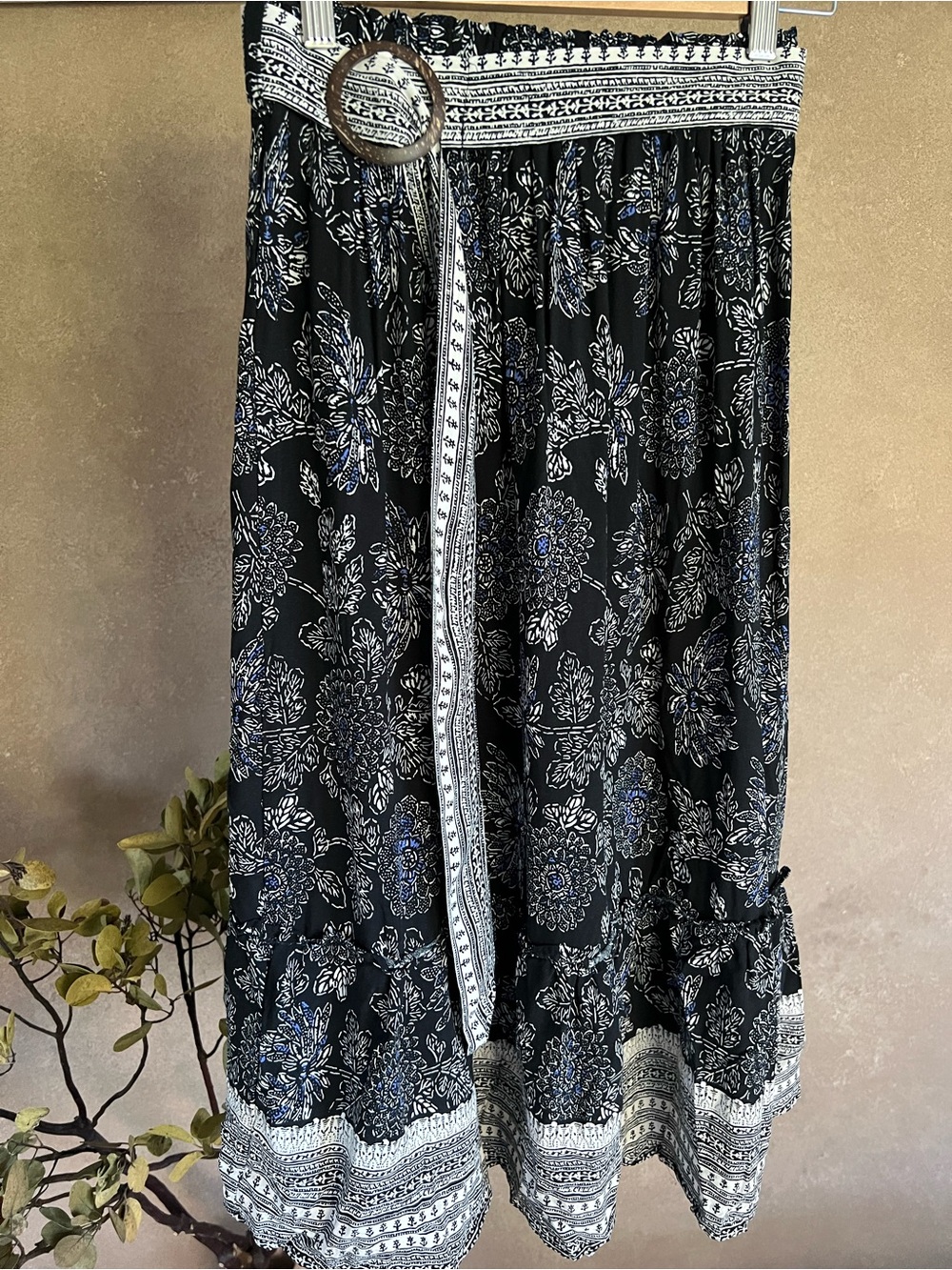 Navy and White Floral Tiered Maxi Skirt with Belted Elastic Waistband
